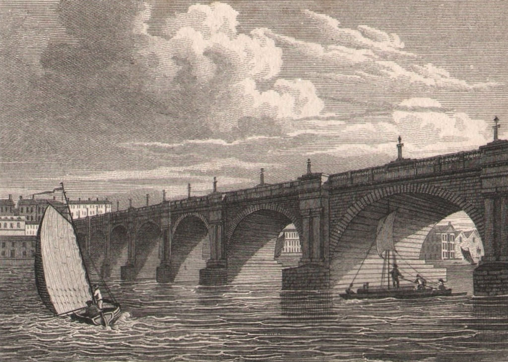 Waterloo Bridge, London. Antique engraved print 1817 old picture